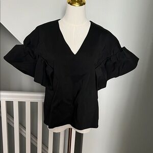 Women's Black V-Neck Ruffle Sleeve Blouse